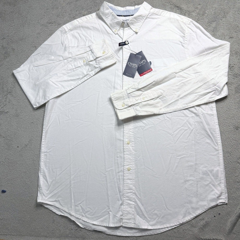 Chaps Mens Coastland Wash Oxford Shirt White Long Sleeve Untucked XLT Big & Tall